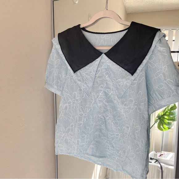 {New}Light Blue Double-Layered Sailor Collar Embroidered Blouse Puff Sleeves - Picture 8 of 9